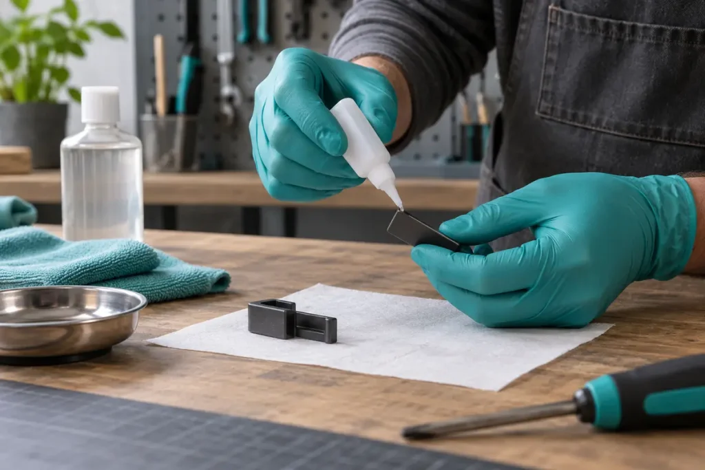 Controlled instant-adhesive application to a close-fitting test part