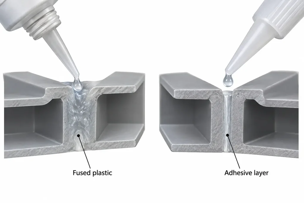 Compatible plastic solvent weld cutaway versus CA adhesive layer