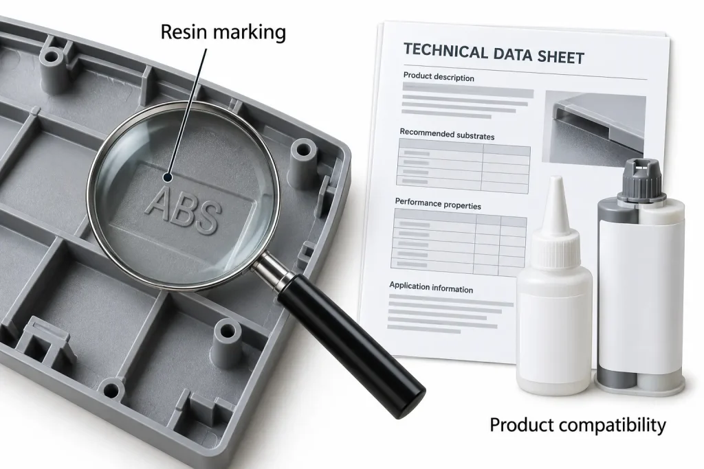 Identifying plastic type marking before selecting glue