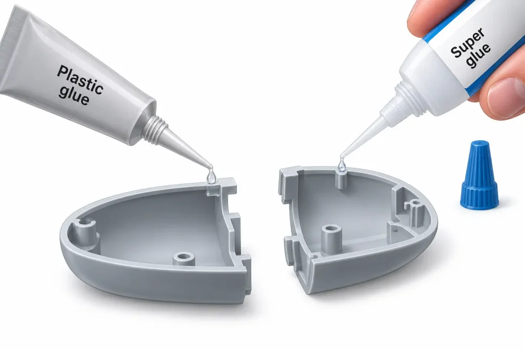 Close fitting rigid plastic repair with controlled small glue drop