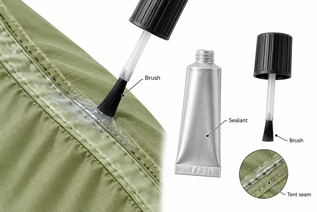 Tent seam brush sealing needle holes