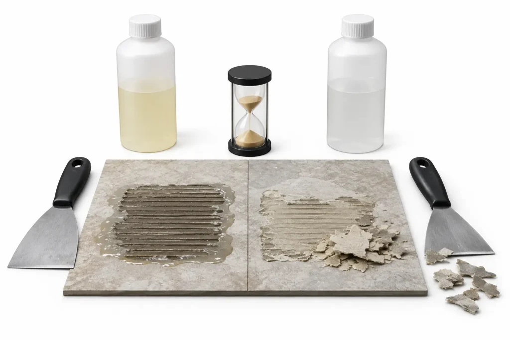 Small flooring adhesive remover test area with timed dwell