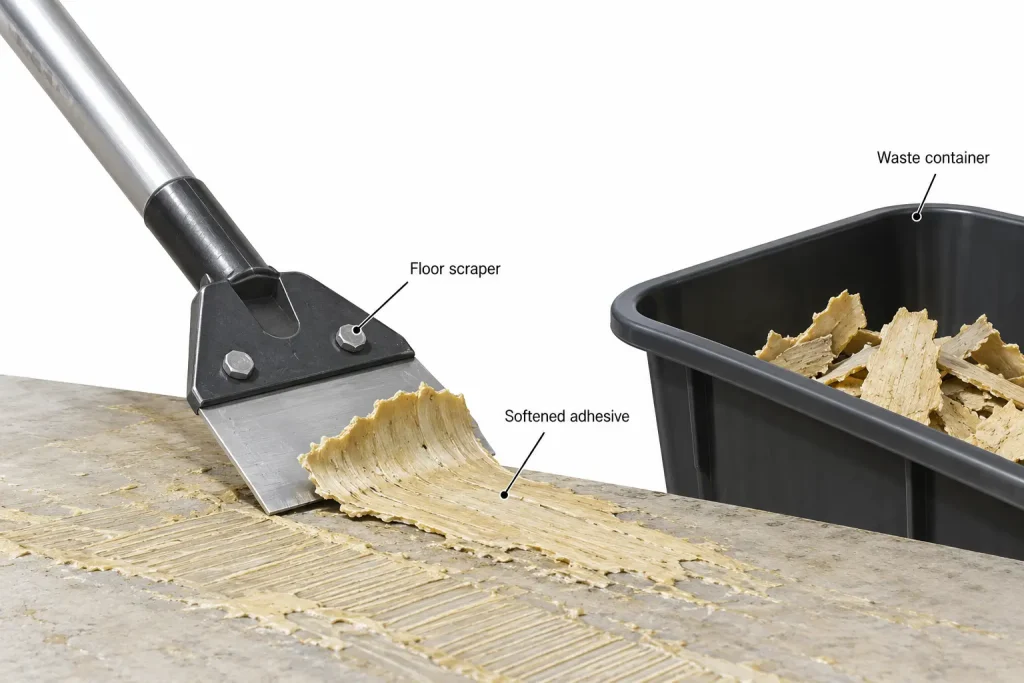 Floor scraper lifting softened known adhesive into waste container