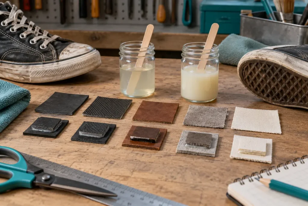 Shoe materials and adhesive samples for compatibility checks