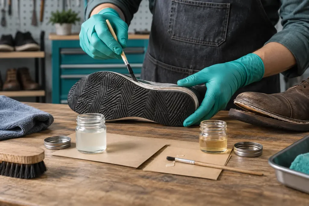 Applying a footwear-compatible adhesive to a sample sole