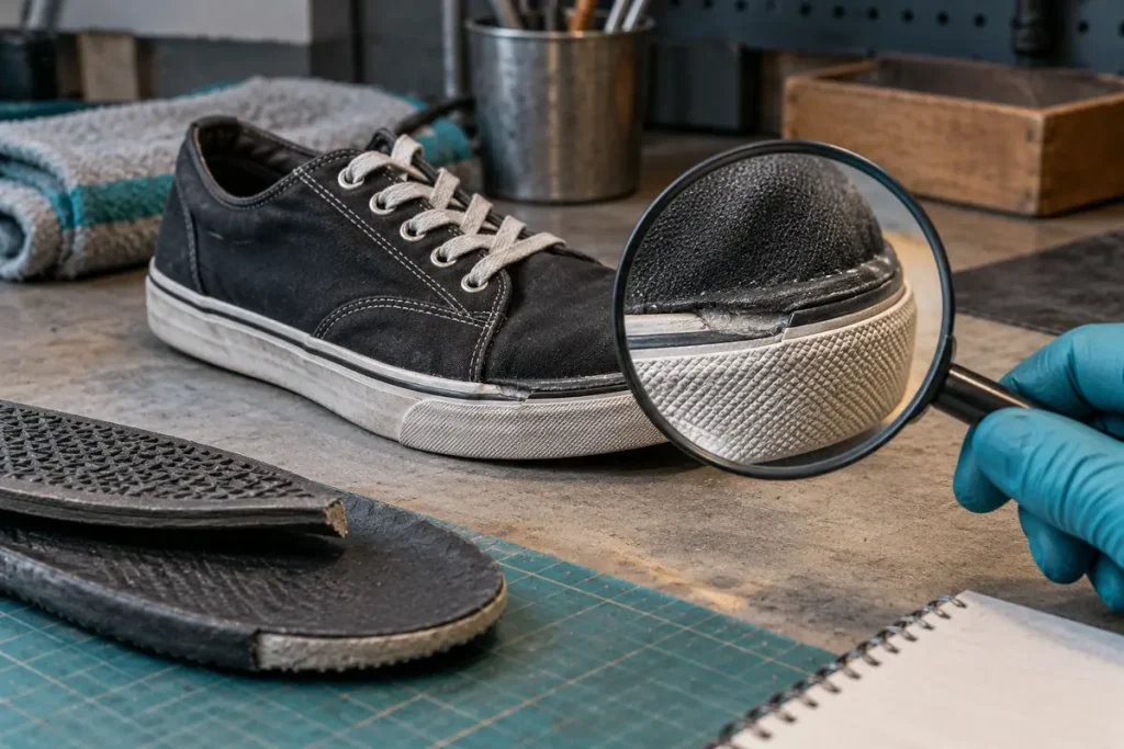 Inspecting an illustrative sole seam before returning footwear to use