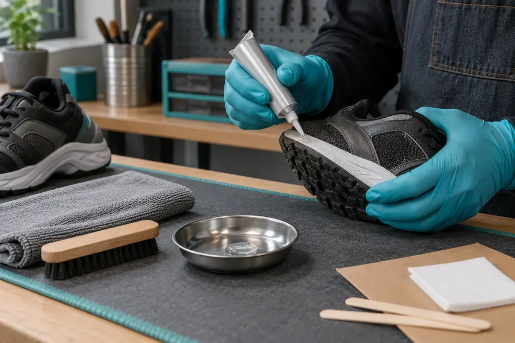 Applying footwear adhesive after identifying both mating materials