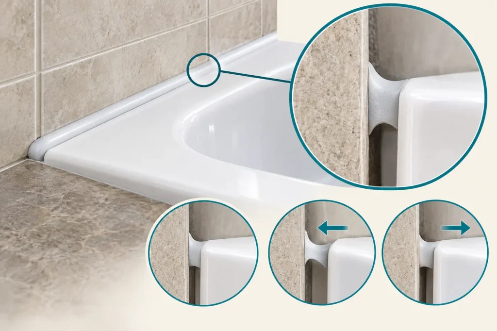 Flexible silicone sealant bead bridging bathtub movement joint