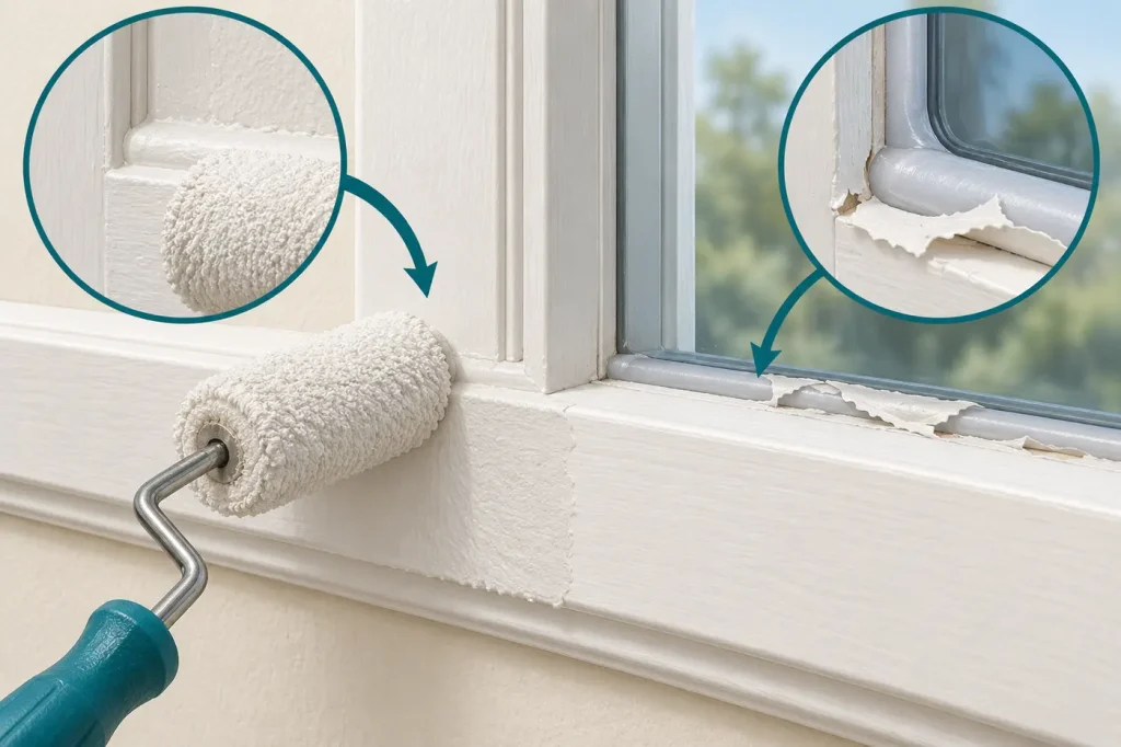 Paint rolling over paintable trim caulk beside unpaintable silicone bead with paint peeling