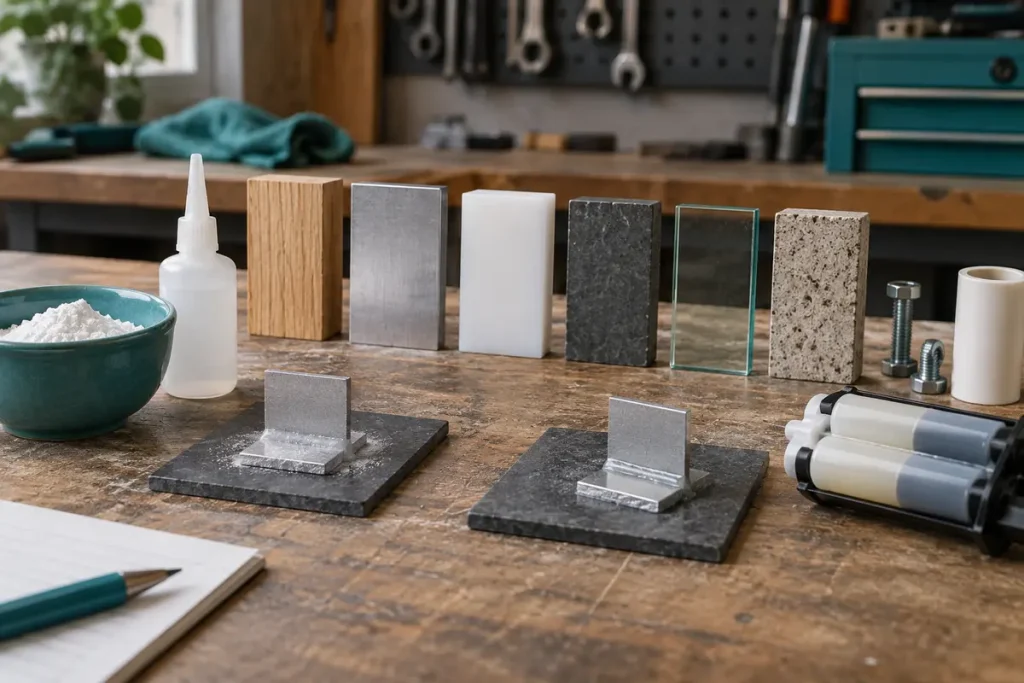 Small material samples beside instant-glue and two-part epoxy equipment