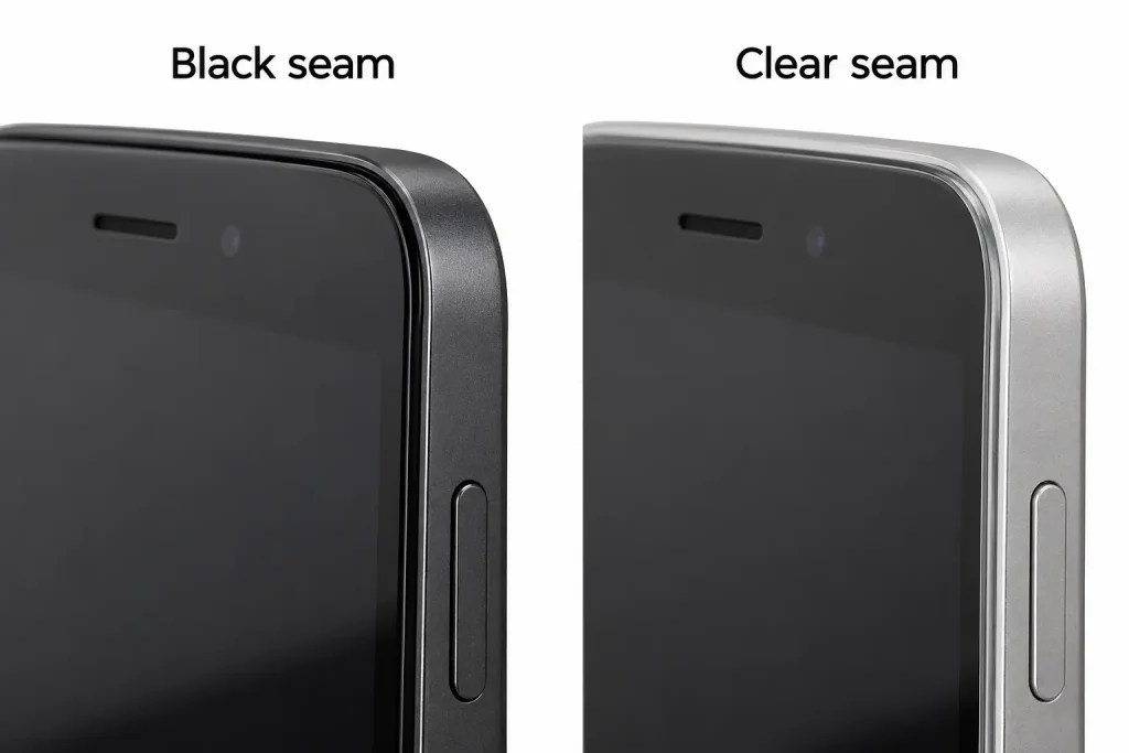 Phone frame black visible perimeter seam versus clear seam diagram