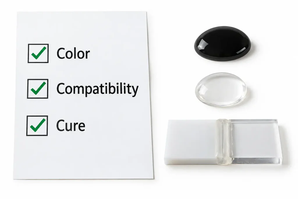 Checklist illustrating supplier datasheet color cure compatibility