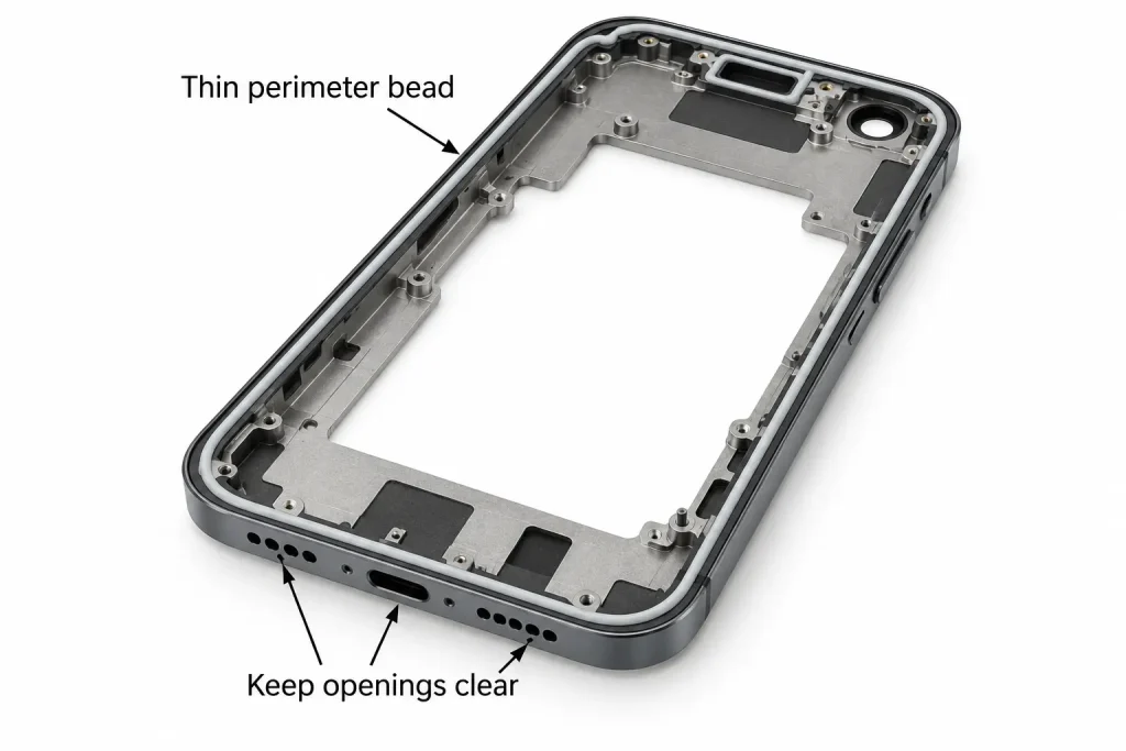 Thin adhesive bead around empty smartphone frame avoiding ports