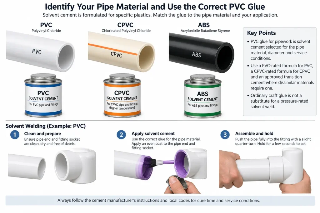 Pipe material identification showing PVC CPVC ABS samples with readable material labels