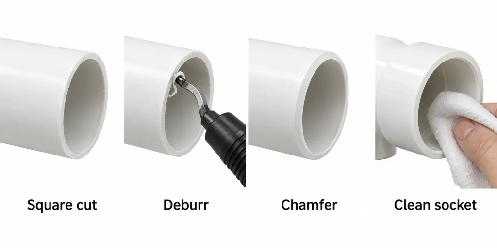 Correct pipe preparation showing square cut deburring chamfer and clean socket