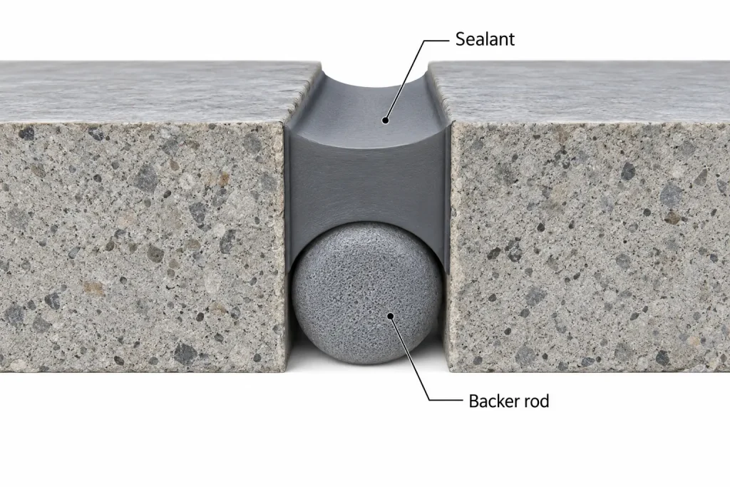 Expansion joint cutaway showing backer rod two sided sealant adhesion