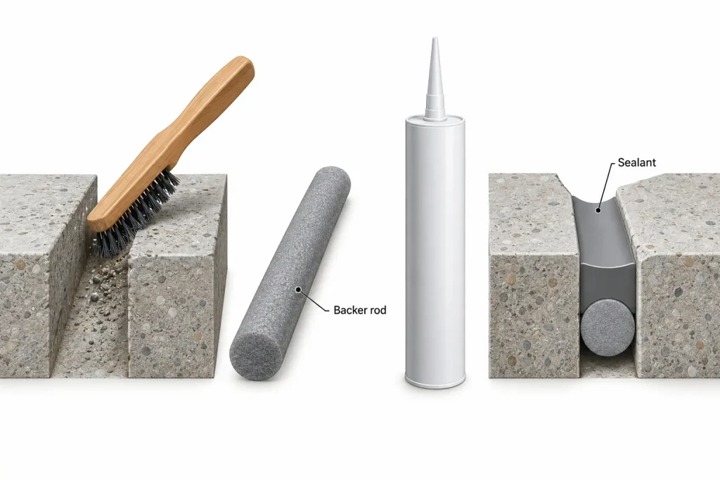 Concrete joint preparation clean sidewalls backer rod cartridge