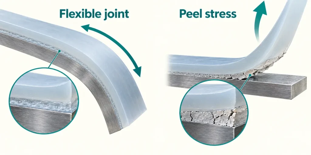 Flexible silicone adhesive joint on a silicone strip and rigid failed glue peeling away