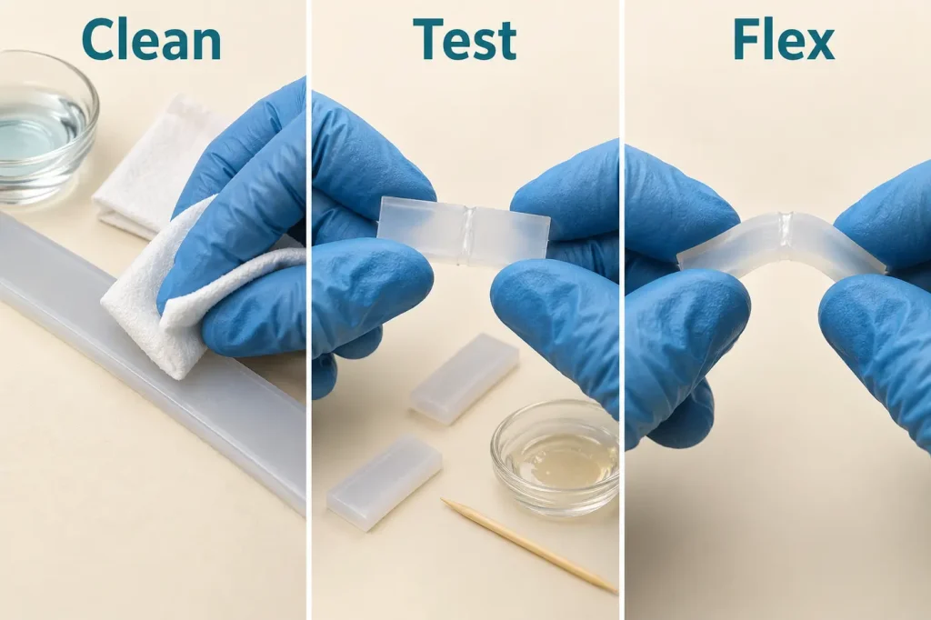 Cleaning silicone scrap then testing a bonded sample by gently bending