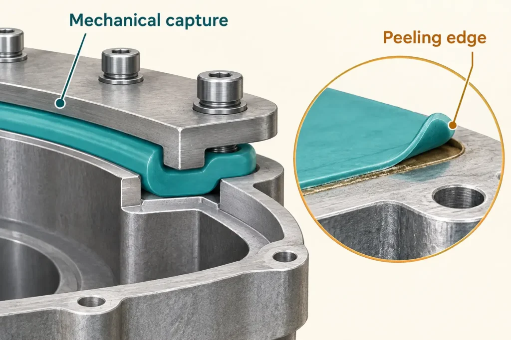 Silicone gasket mechanically captured between two bolted metal flanges