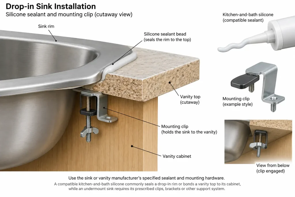 Cutaway drop-in sink rim silicone bead and mounting clip