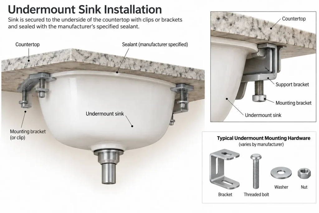 Undermount sink showing support brackets below stone counter