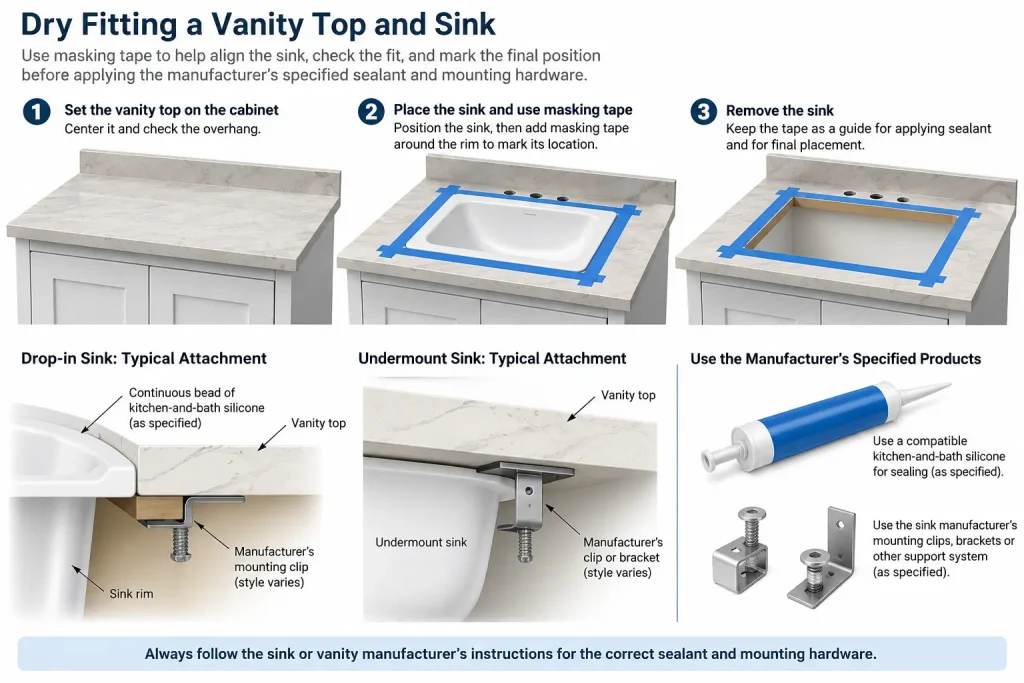 Dry fitting vanity top and sink with masking tape guide