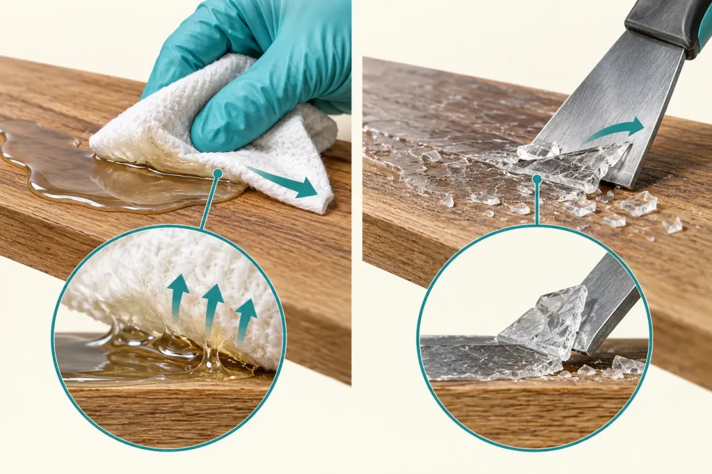 Uncured epoxy wiped with disposable cloth versus fully cured epoxy mechanically scraped