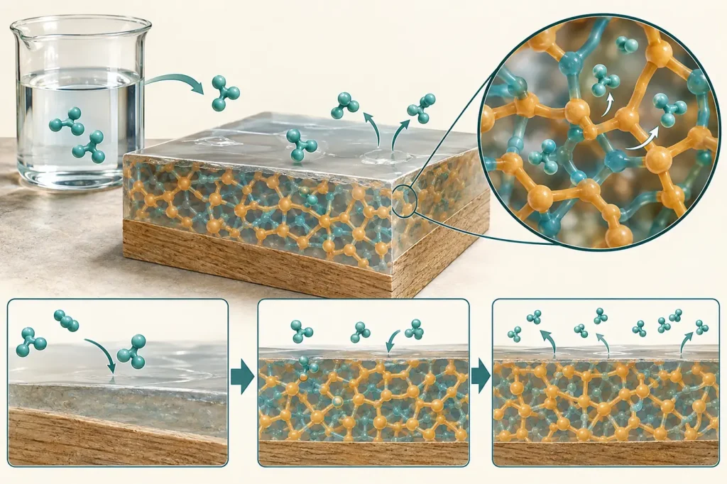 Cured epoxy cross section showing crosslinked network resisting ordinary solvent