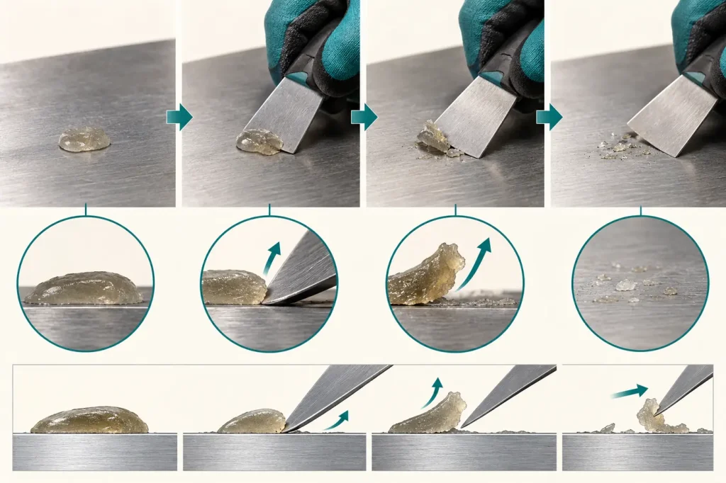 Small hardened epoxy deposit gradually scraped from bare metal with protective gloves