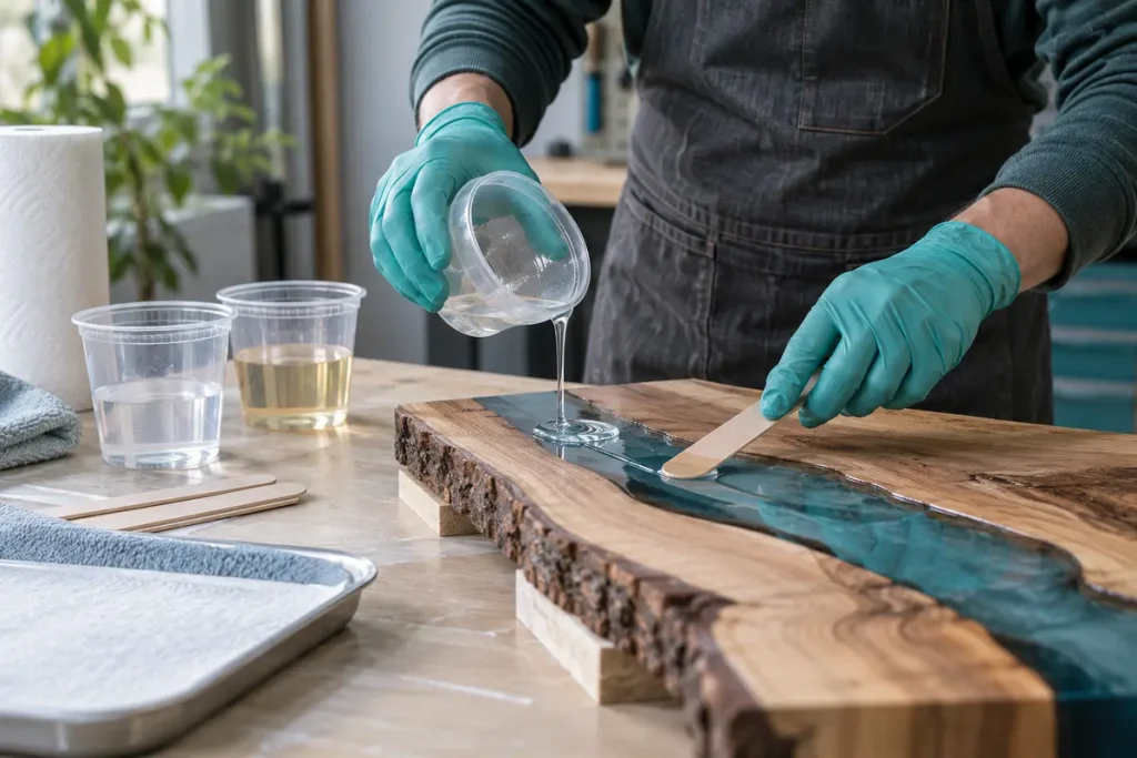 Gloved hands pouring mixed epoxy onto a prepared wood sample