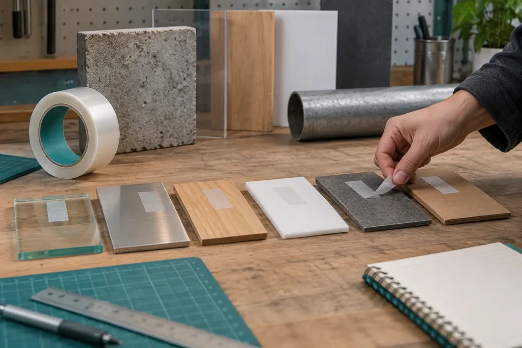 Pressure-sensitive tape samples on different surfaces