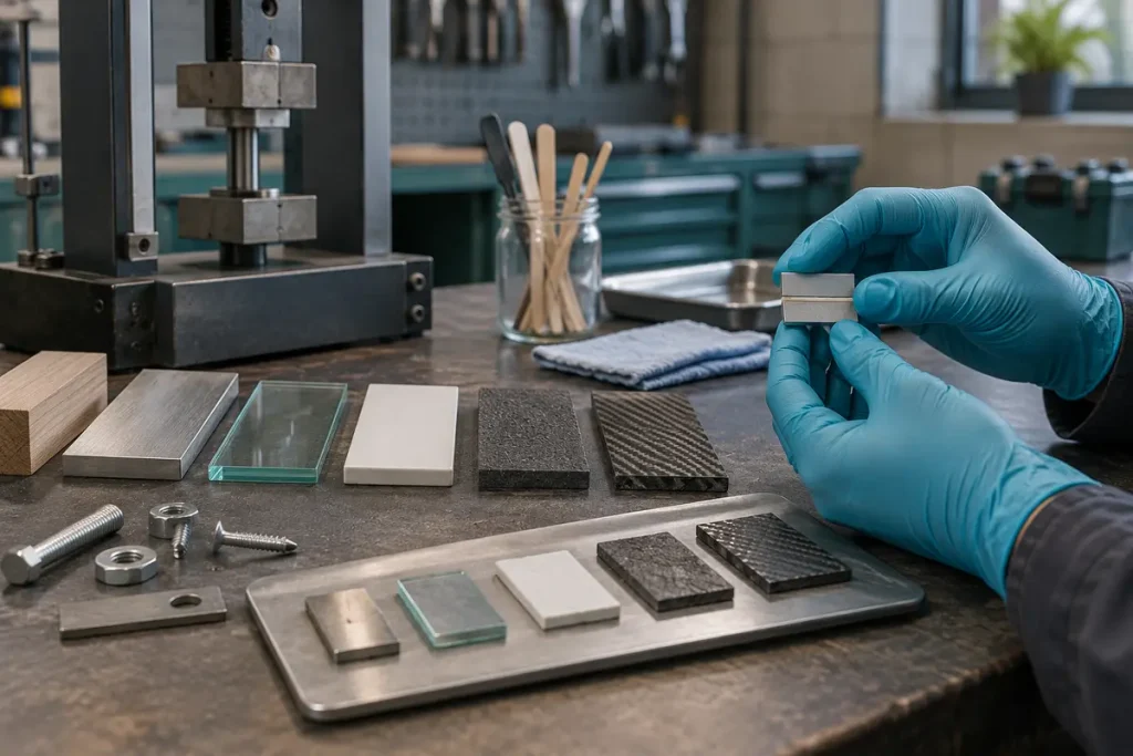 Illustrative adhesive specimens and a bond-testing setup