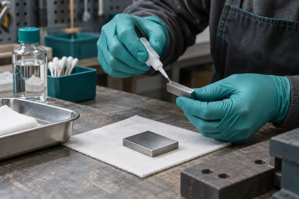 Careful adhesive application to a small metal bonding specimen