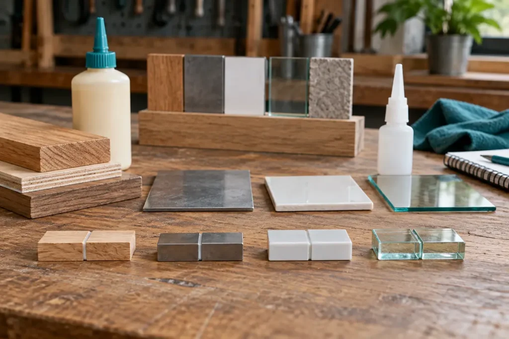 Wood and mixed-material specimens for comparing adhesive applications
