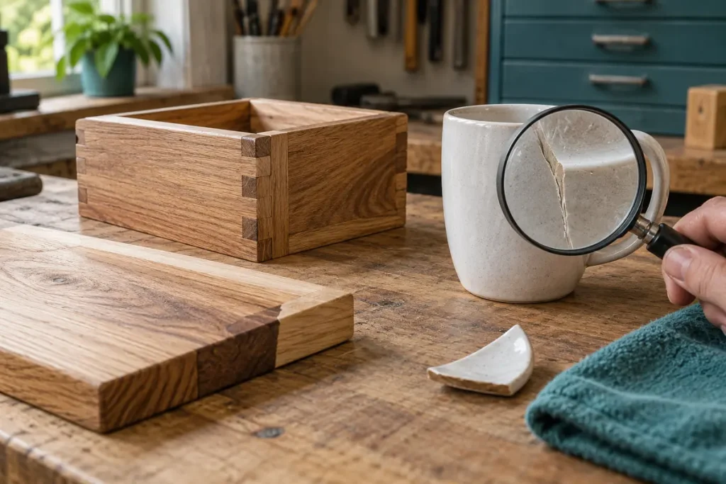 Inspecting illustrative wood and decorative-object repairs