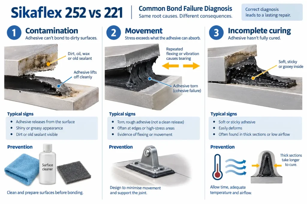 Sikaflex 252 vs 221 — common failure checks