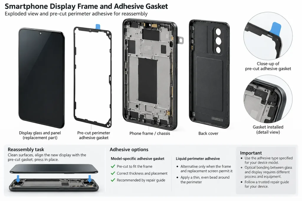Exploded smartphone screen frame and precut perimeter gasket