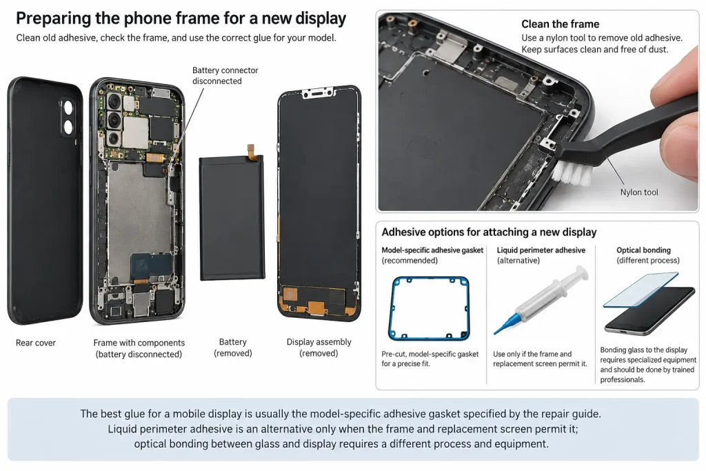 Phone frame cleaning with nylon tool and disconnected battery schematic