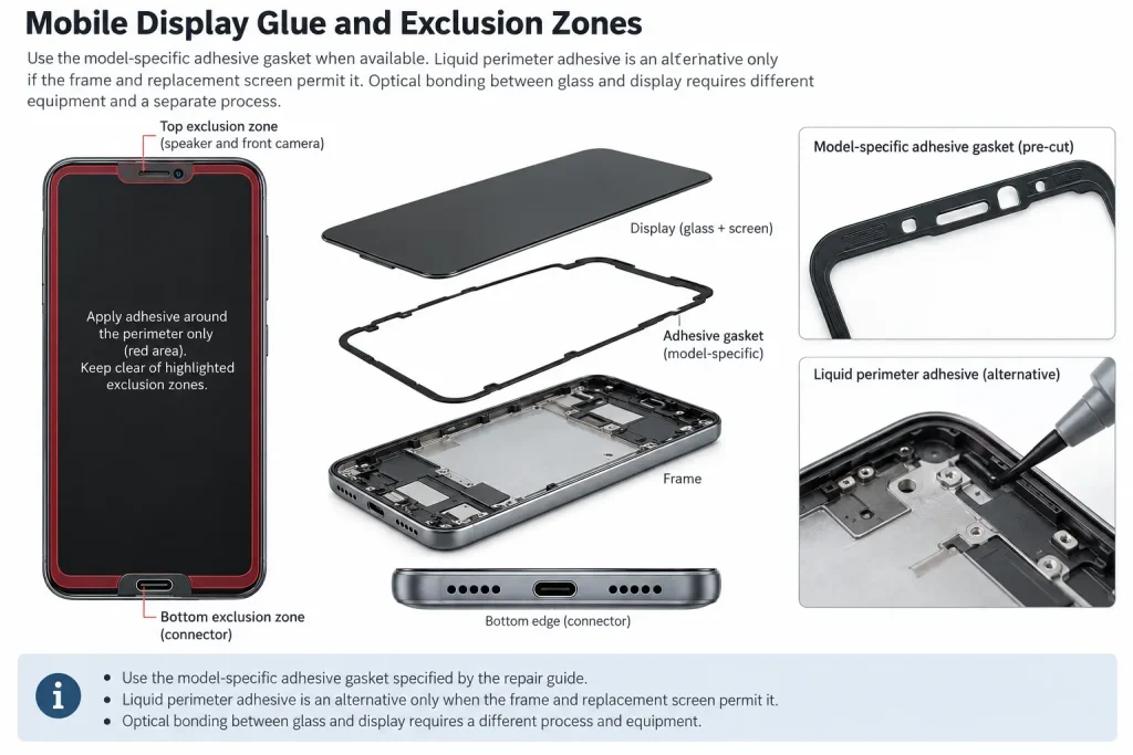 Screen perimeter exclusion zones for speaker camera and connector