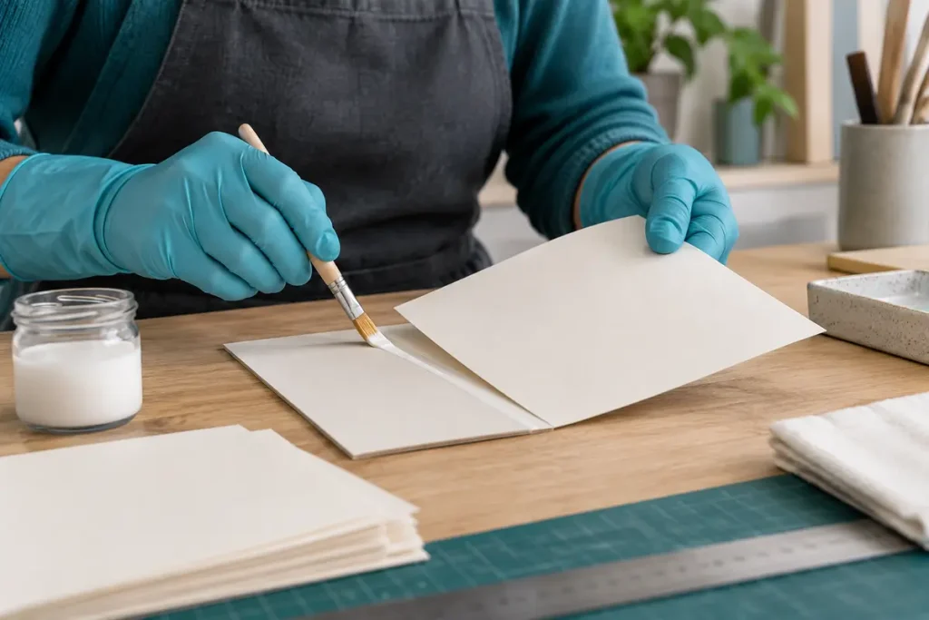 Gloved hands spreading a controlled adhesive amount on card