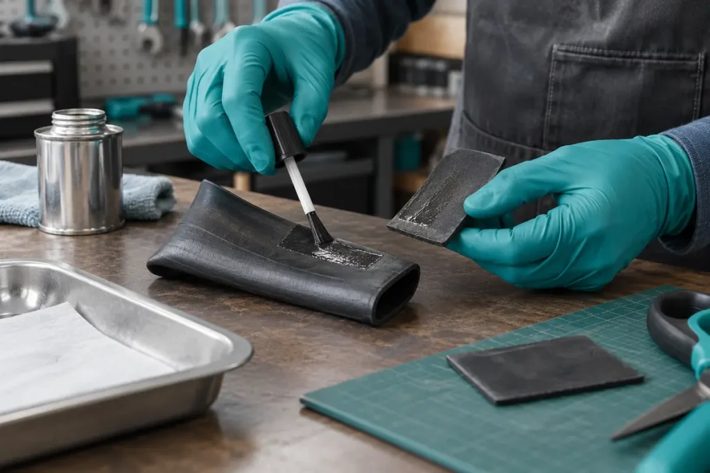 Gloved hands applying adhesive to a rubber repair sample