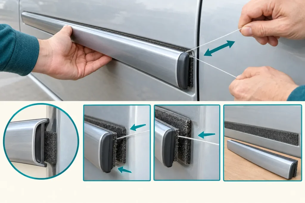Supporting a car trim strip while foam mounting tape is cut with nylon line