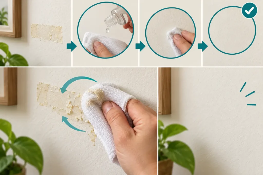 Removing tape residue with a little approved remover on a cloth and testing paint first