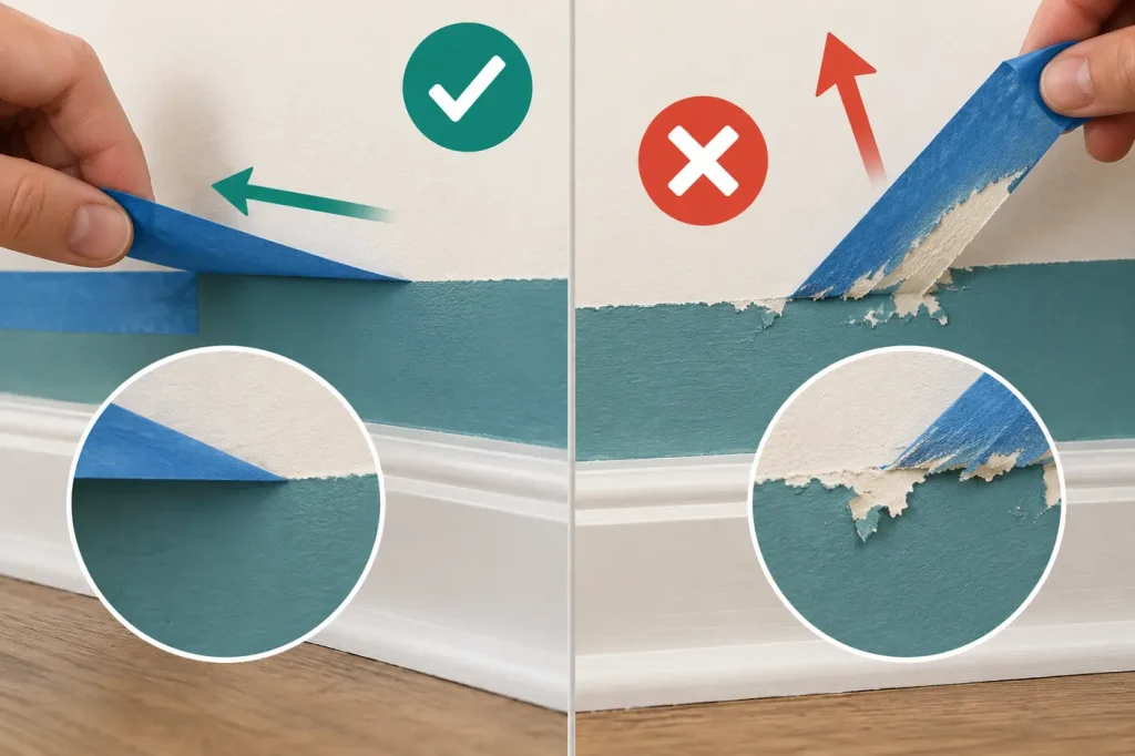 Low angle gradual tape removal compared with aggressive outward pulling lifting paint