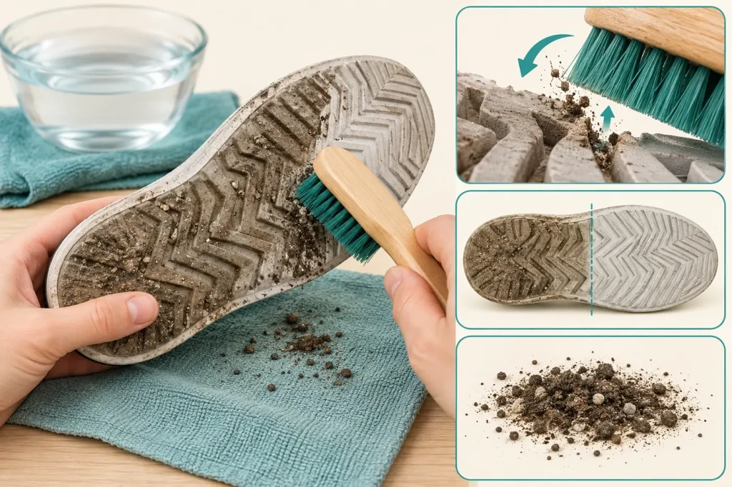Cleaning dirt from a separated rubber shoe sole using a small brush