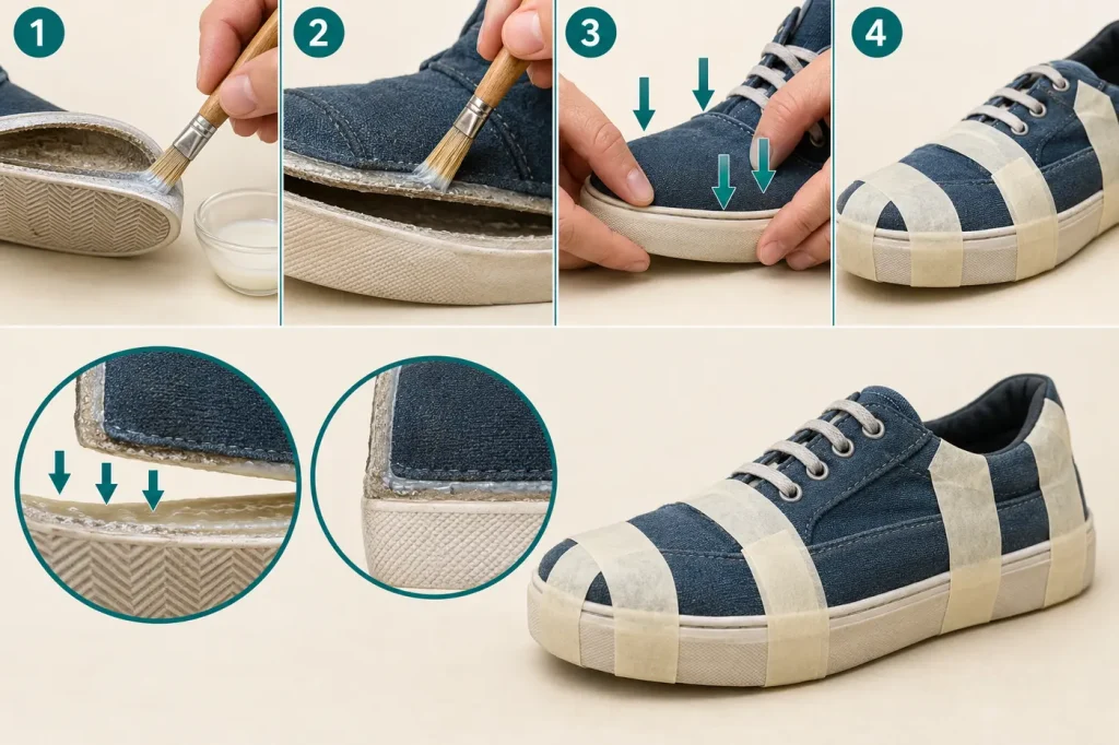 Applying a thin adhesive layer into a small separated shoe sole and taping it aligned