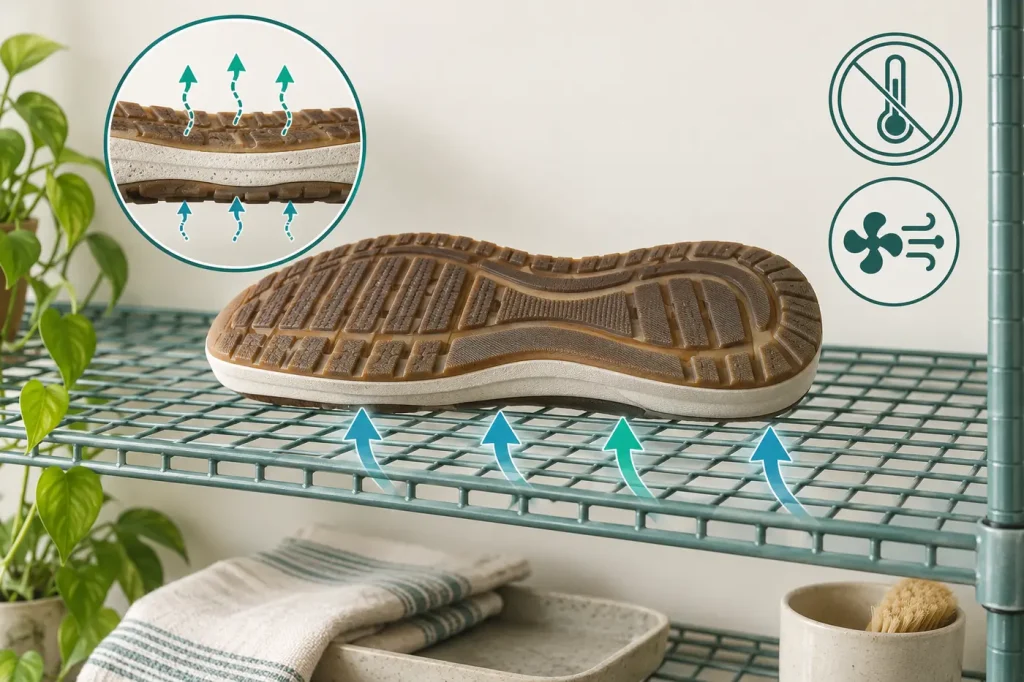 Shoe sole upside down on a ventilated shelf during curing away from heat