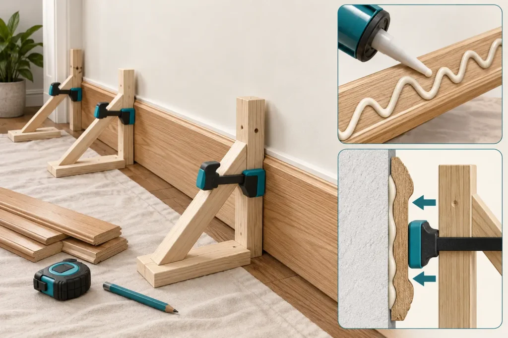 Construction adhesive holding wood trim to wall with temporary bracing