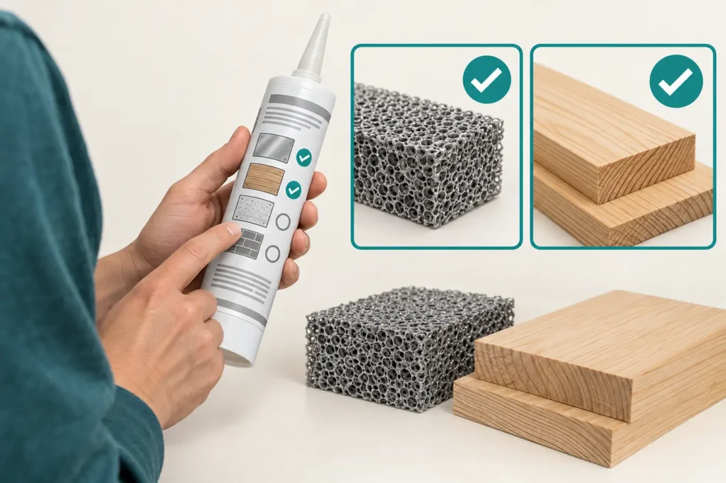 Checking cartridge label for substrate compatibility next to foam metal and wood samples